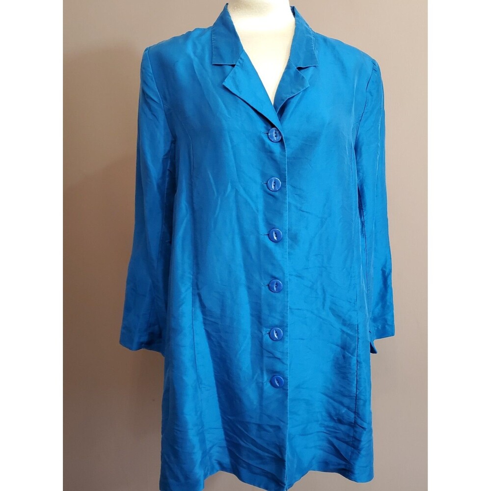 Silks by L.S.C. Duster Jacket L Electric Blue 100% Silk Button Frnt Light Weight